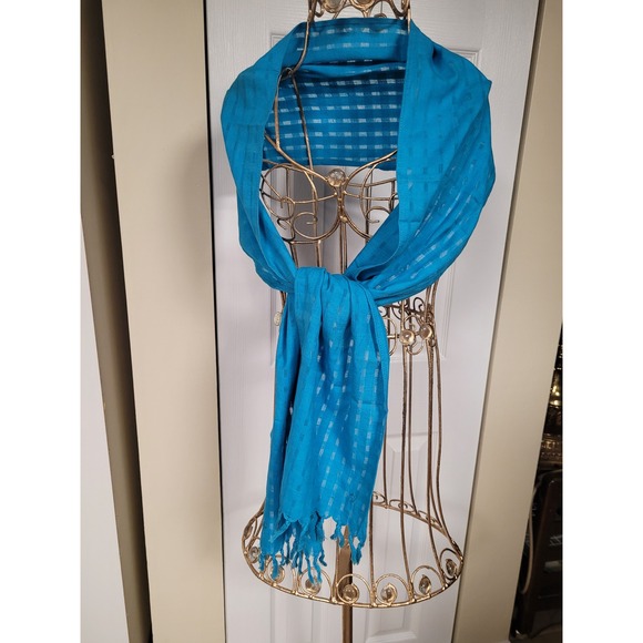 Accessories - Turquoise Blue Womens Textured Grid Fringe‎ Tassel Lightweight Scarf Wrap 77x10